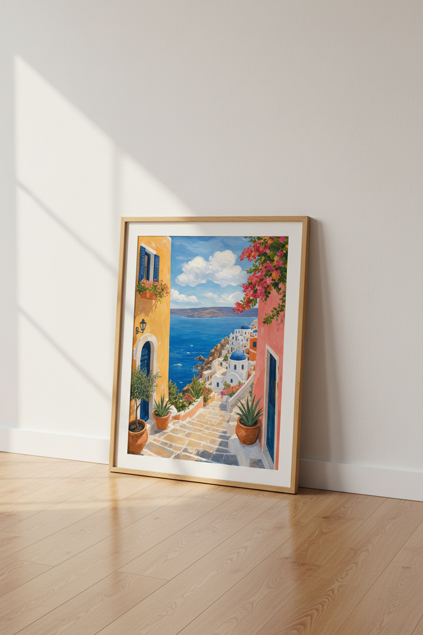 Santorini Greece Wall Art | Mediterranean Blue & Gold Poster | Coastal Home Decor