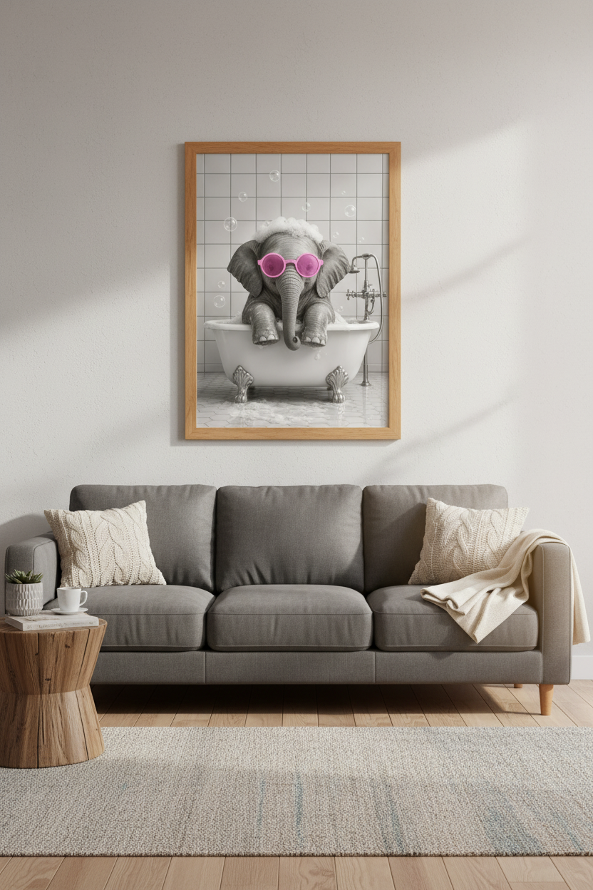 Elephant in Bathtub Art | Pink Sunglasses, Cute Nursery Bathroom Poster