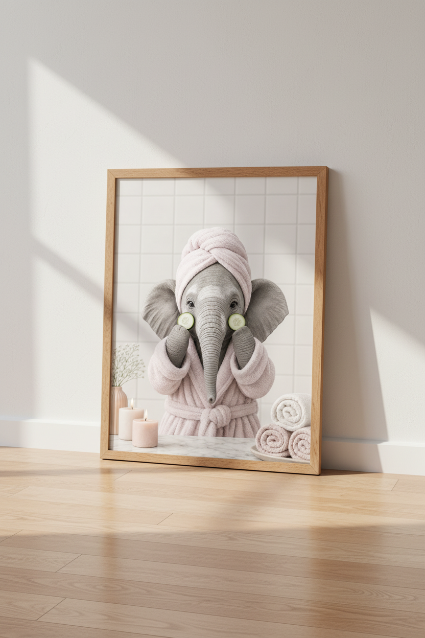 Elephant Spa Day Wall Art | Cute Animal in Pink Robe, Fun Bathroom Decor