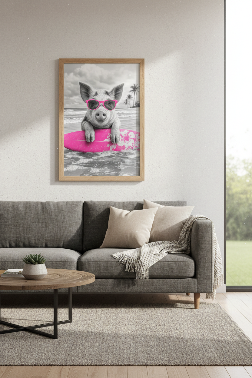 Surfing Pig Wall Art | Hot Pink & Black White Beach Decor | Fun Animal Poster