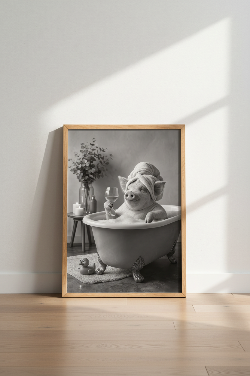 Pig in Bathtub Wall Art | Funny Black and White Poster, Bathroom Decor Art