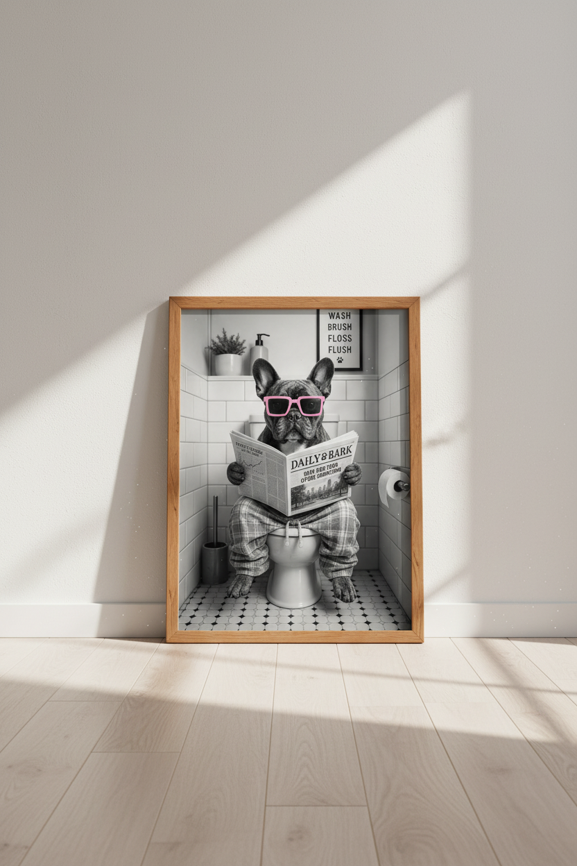French Bulldog on Toilet Wall Art | Funny Bathroom Decor | Pink Glasses Poster