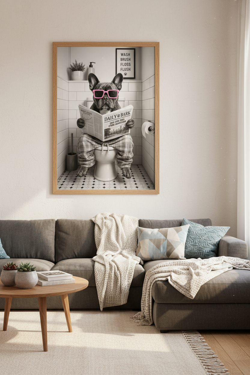 French Bulldog on Toilet Wall Art | Funny Bathroom Decor | Pink Glasses Poster