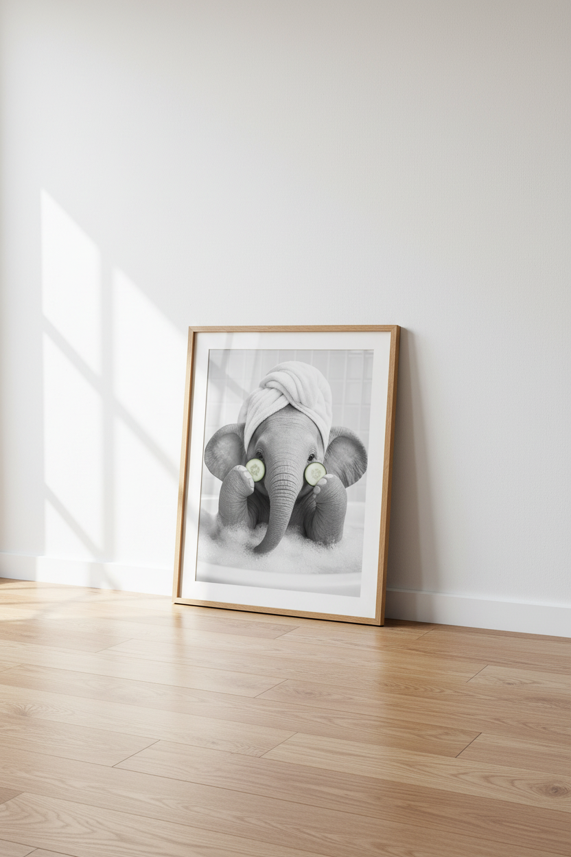 Elephant Bathroom Wall Art | Funny Spa Animal Print, Kids Bath & Guest Room Decor