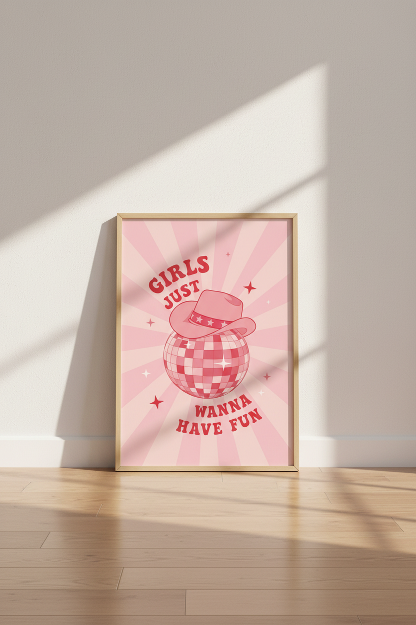 Disco Cowgirl Wall Art Print | Pink Retro Poster | Preppy Dorm Room Decor