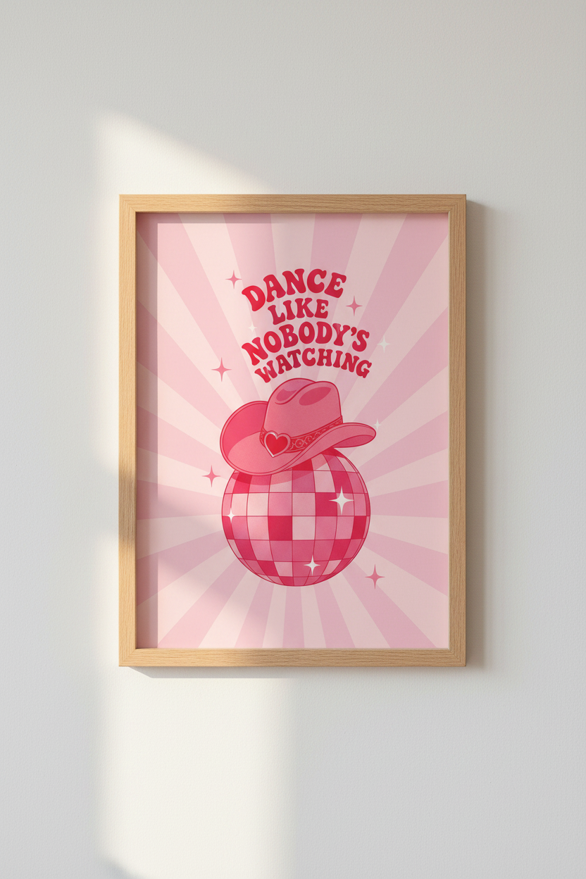 Disco Ball Cowboy Hat Wall Art | Pink Retro Decor, Western Aesthetic Poster