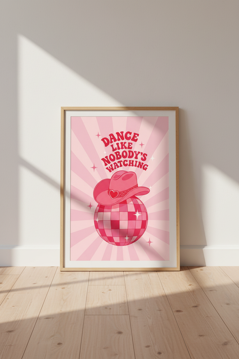 Disco Ball Cowboy Hat Wall Art | Pink Retro Decor, Western Aesthetic Poster