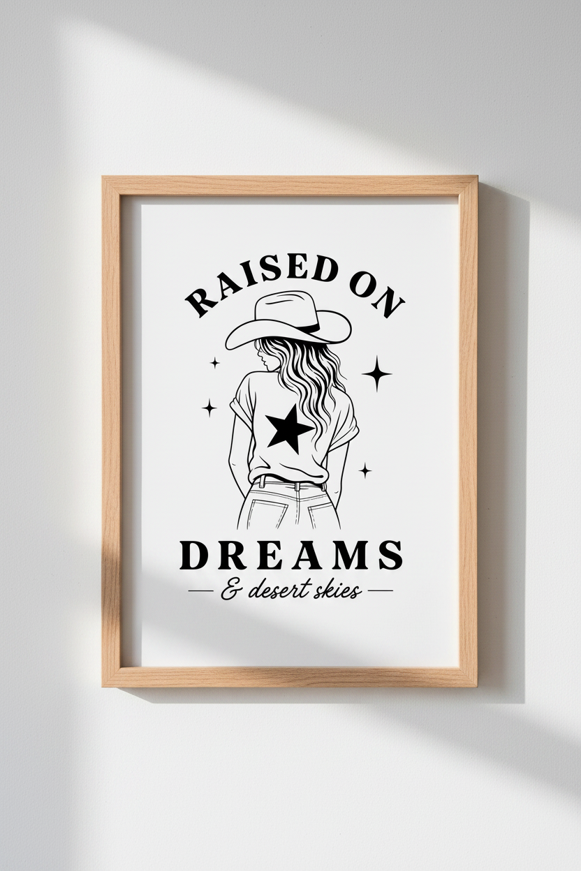 Cowgirl Dreamer Wall Art | Minimalist Black & White, Western Desert Decor