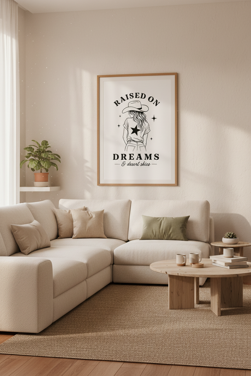 Cowgirl Dreamer Wall Art | Minimalist Black & White, Western Desert Decor