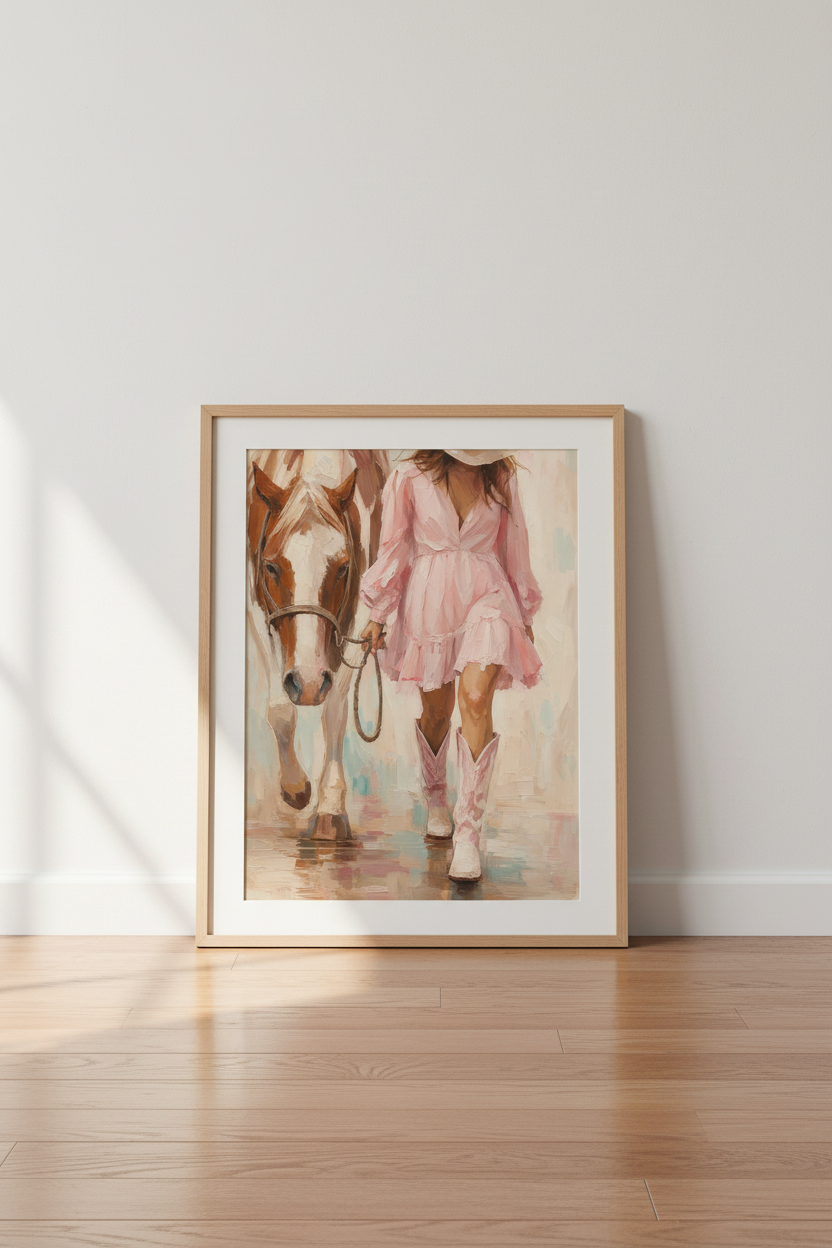 Western Coastal Wall Art Print | Pink Cowgirl Decor | Equestrian Oil Painting Poster