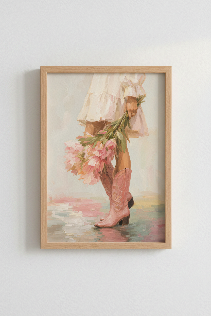 Pink Cowgirl Art Print | Western Boho Bedroom Decor | Pink Cowboy Boots Poster
