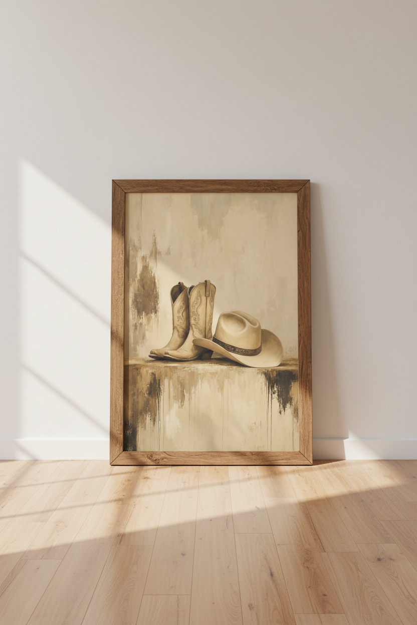 Cowboy Boots & Hat Wall Art | Neutral Western Decor | Rustic Farmhouse Poster