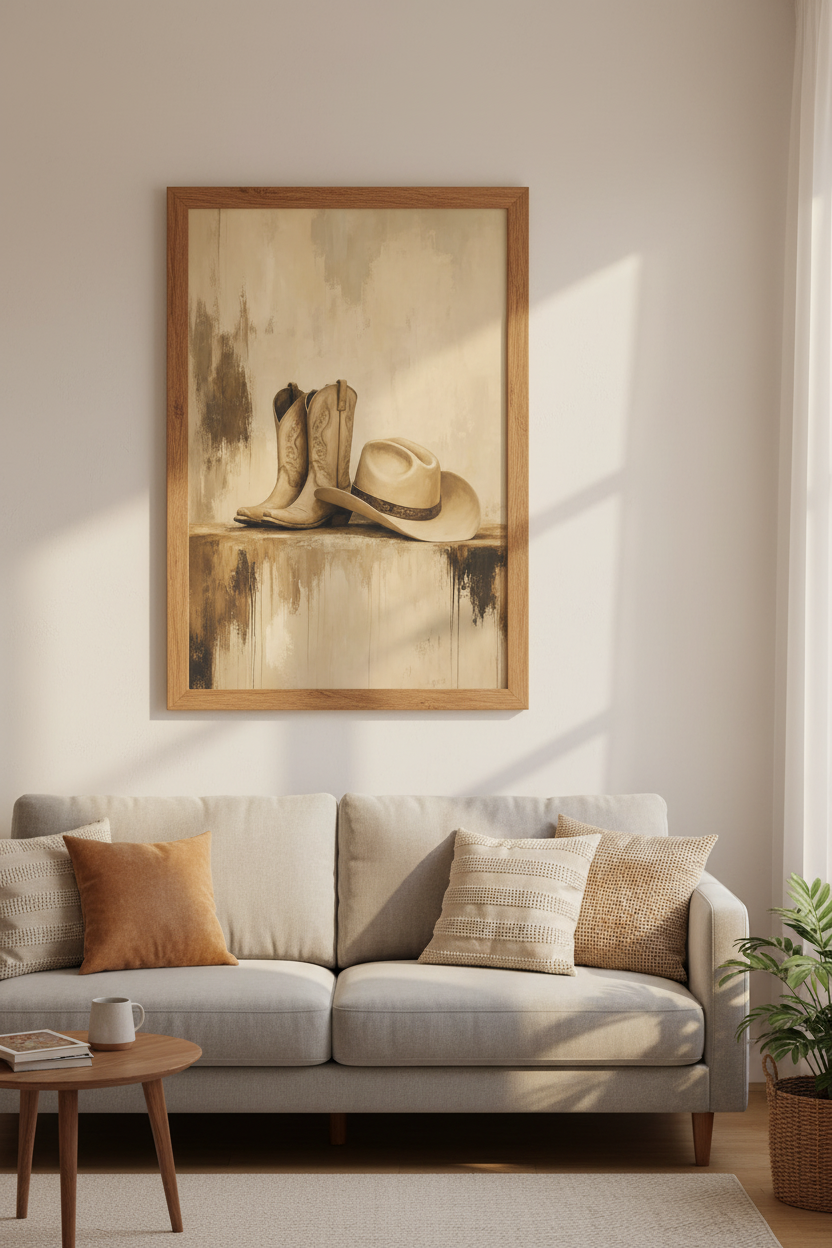 Cowboy Boots & Hat Wall Art | Neutral Western Decor | Rustic Farmhouse Poster