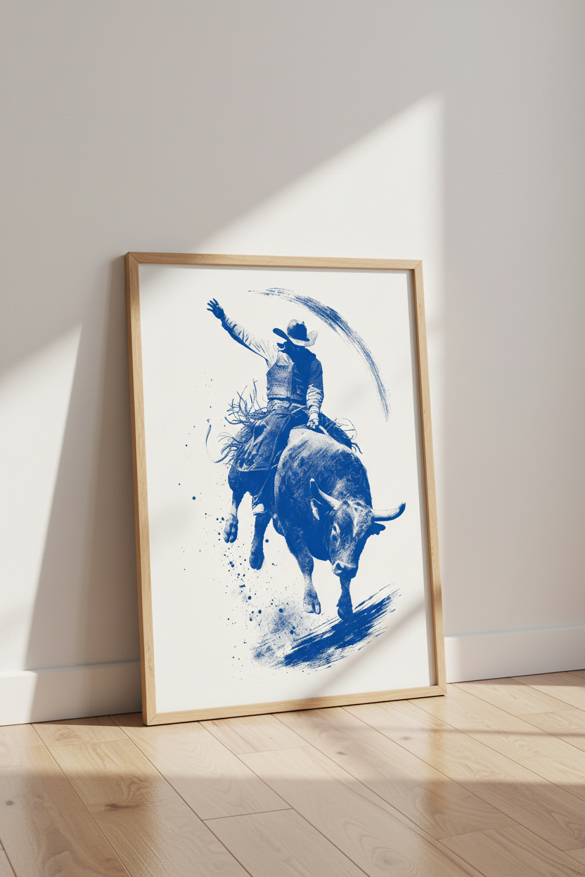Bull Rider Rodeo Wall Art Print | Blue Western Decor | Modern Cowboy Poster