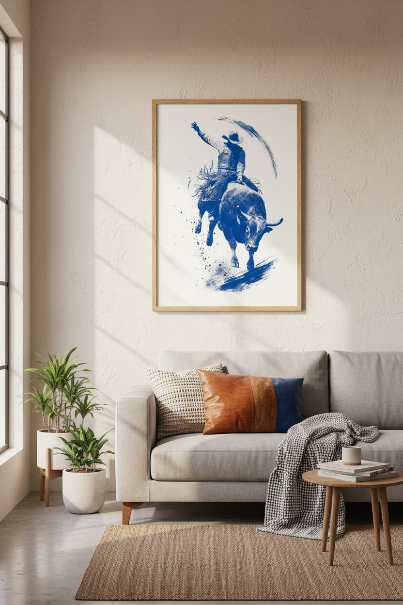 Bull Rider Rodeo Wall Art Print | Blue Western Decor | Modern Cowboy Poster