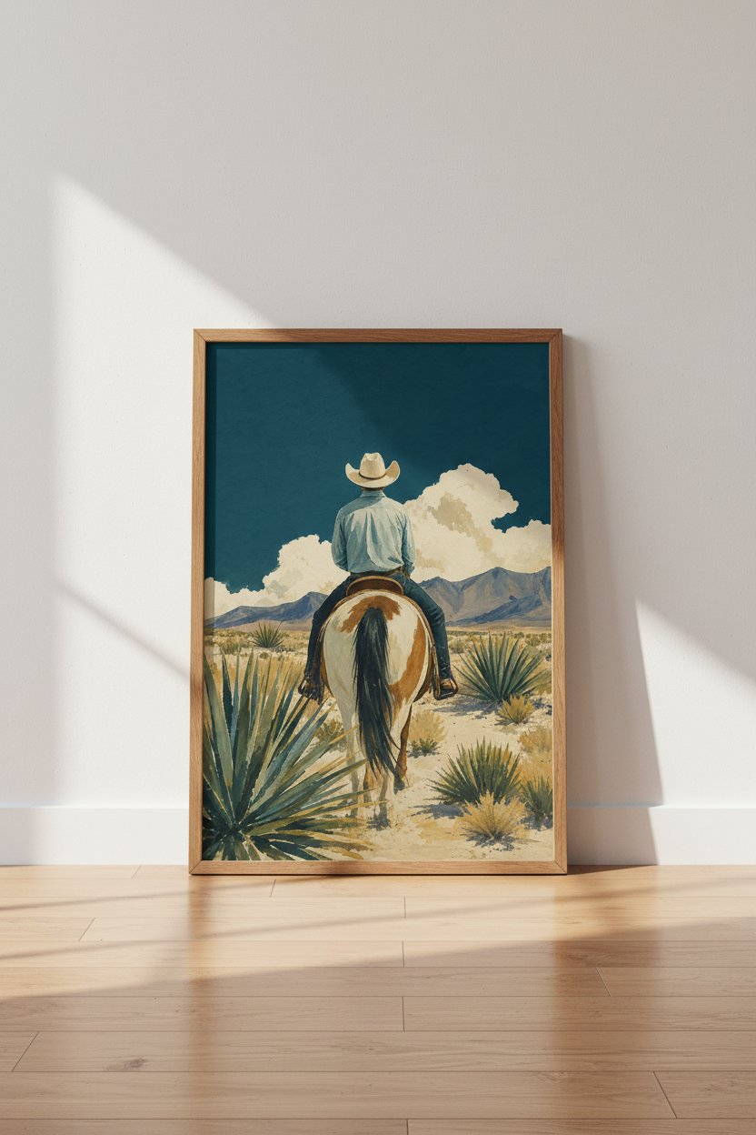 Western Cowboy Print | Rustic Desert Landscape, Horseback Rider Wall Art