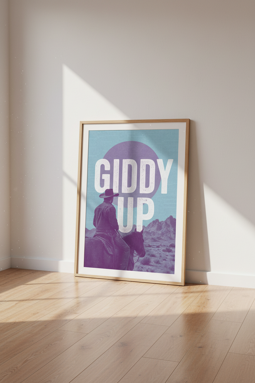 Western Cowboy Wall Art Print | Teal and Purple Giddy Up Poster | Retro Boho Room Decor
