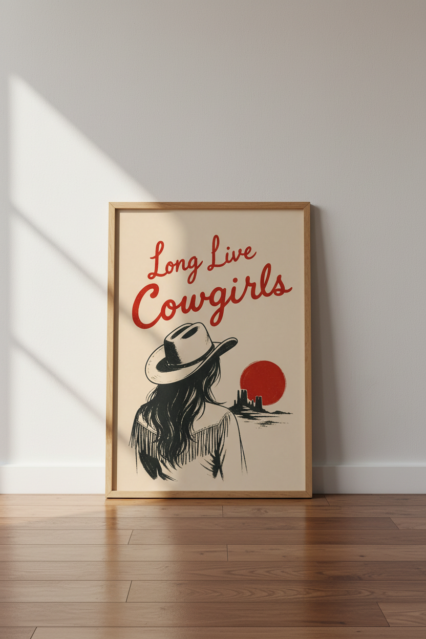 Western Cowgirl Print | Retro Desert Sunset Poster, Long Live Cowgirls Wall Art