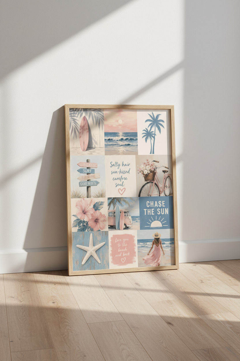Coastal Beach Wall Art | Pastel Surf Collage, Nursery & Living Room Decor