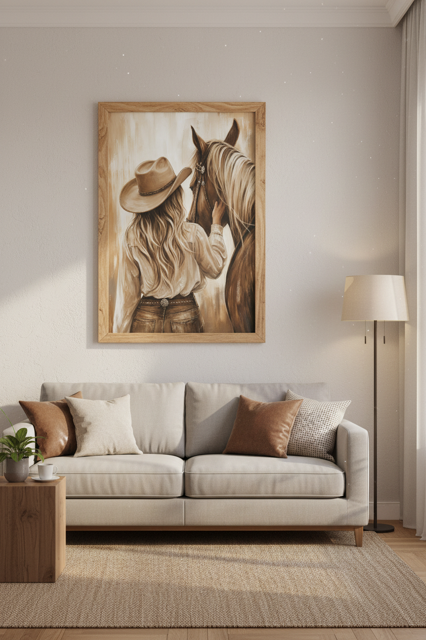 Western Cowgirl Print | Rustic Sepia Horse Poster, Farmhouse Living Room Art