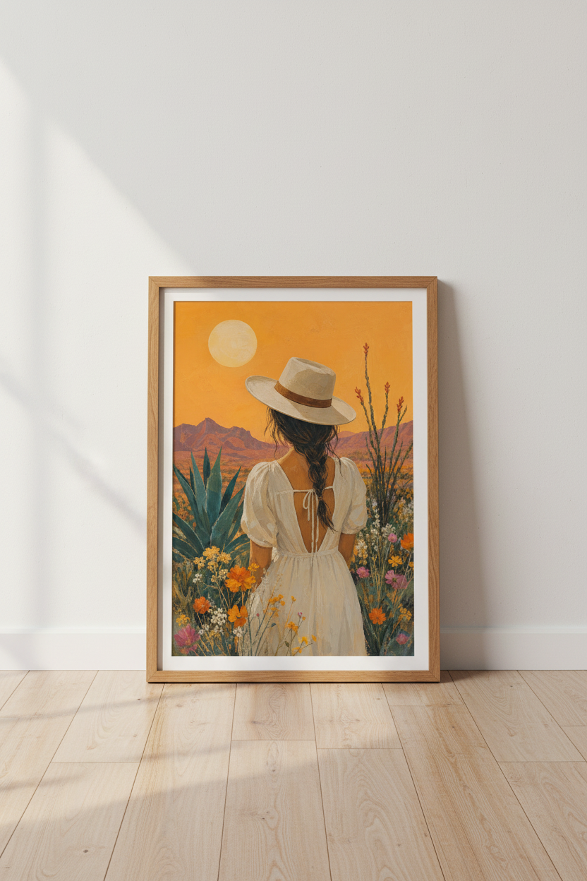 Western Boho Wall Art Print | Desert Woman & Wildflowers | Southwest Room Decor Poster