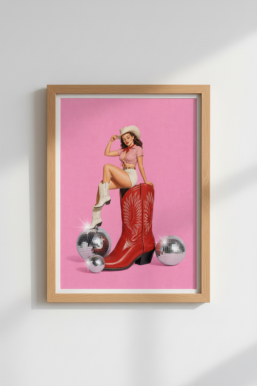 Disco Cowgirl Art Print | Retro Pink Pinup Poster, Western Dorm Decor