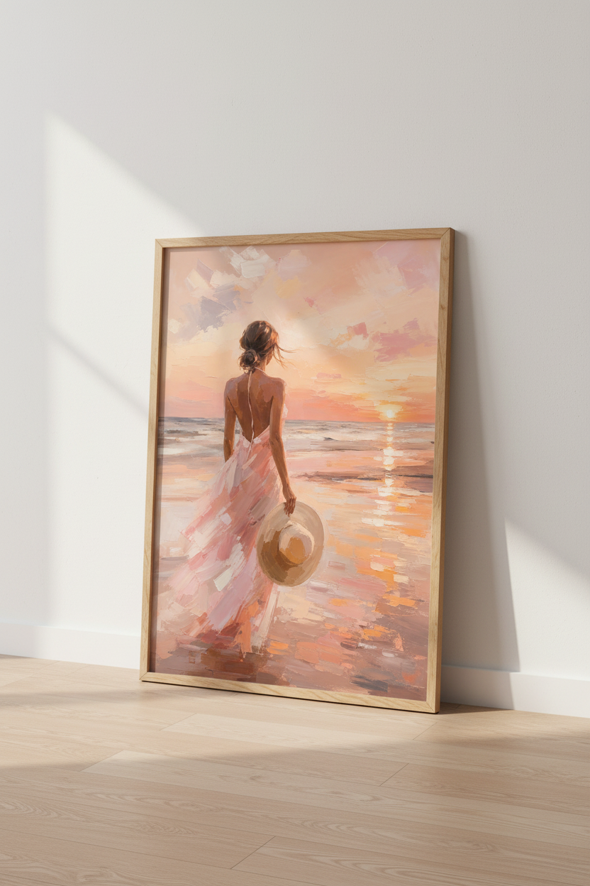 Coastal Beach Wall Art | Impressionist Sunset Poster, Pink Beach House Decor