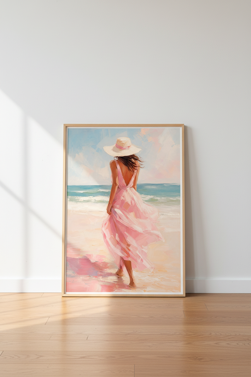 Coastal Beach Wall Art | Pink Summer Dress Painting, Modern Beach House Decor