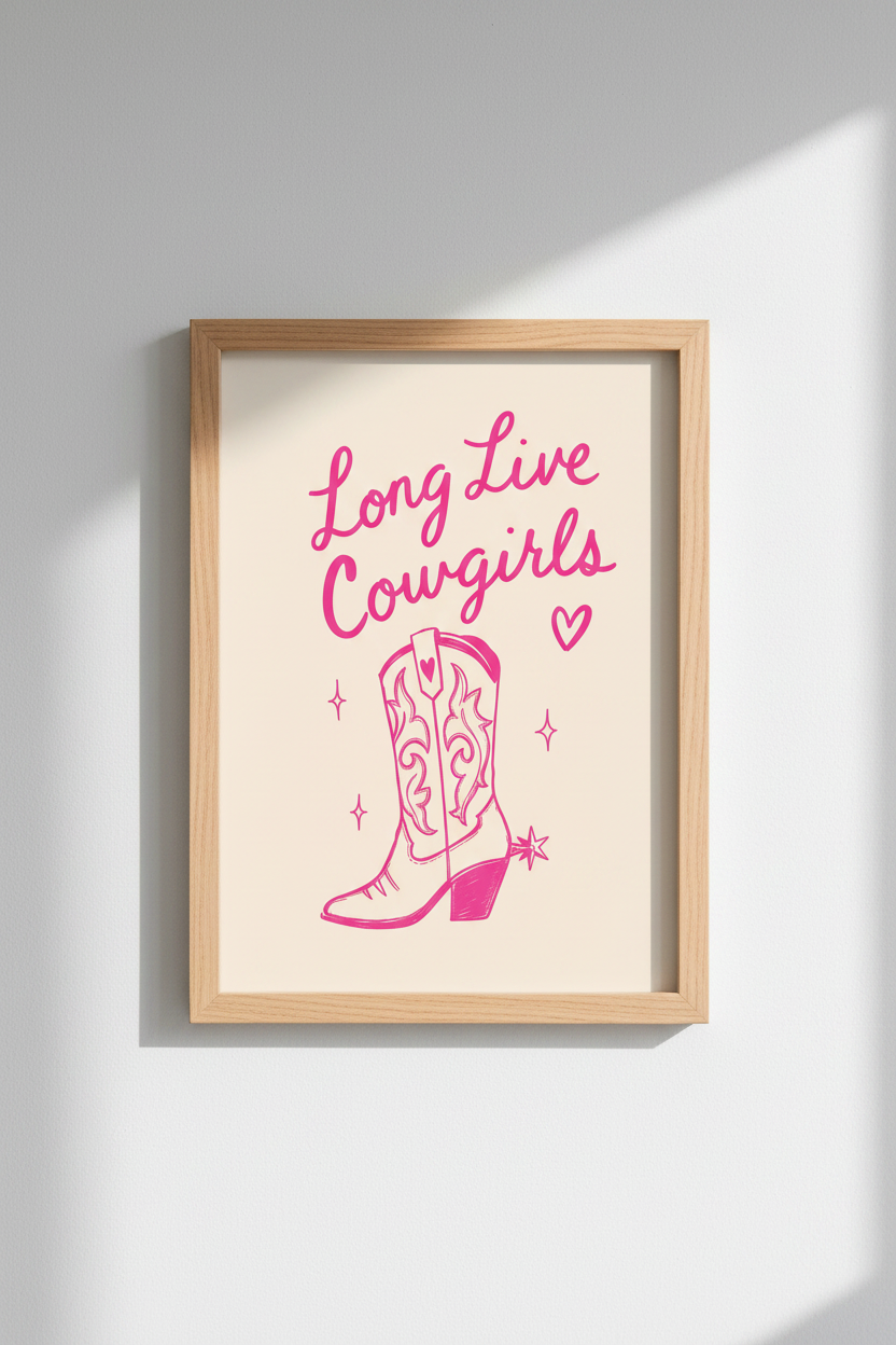 Pink Cowgirl Wall Art Print | Western Boot Poster, Preppy Dorm Decor