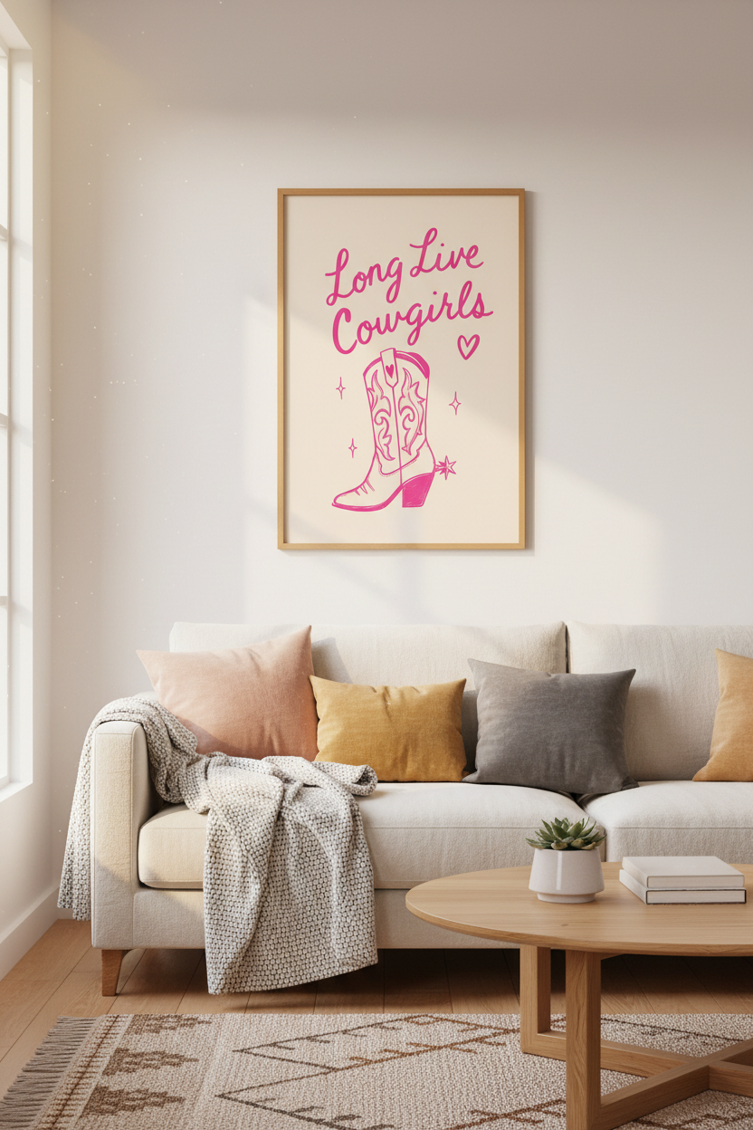 Pink Cowgirl Wall Art Print | Western Boot Poster, Preppy Dorm Decor