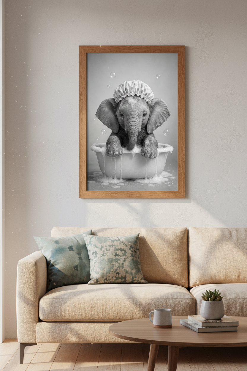 Baby Elephant Bathtub Wall Art | Whimsical B&W Animal Poster | Nursery & Bathroom Decor