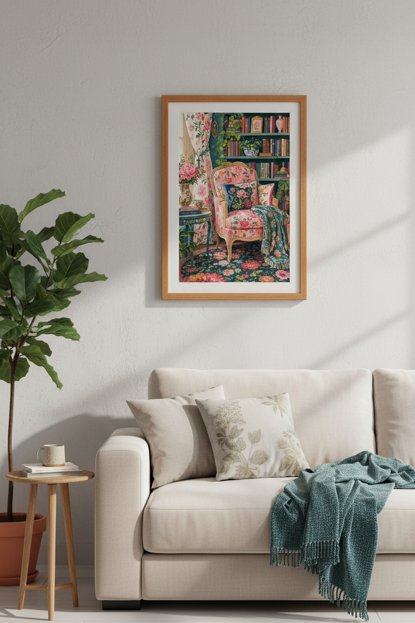 Maximalist Library Floral Wall Art | Eclectic Boho Reading Nook, Teal Pink Home Decor