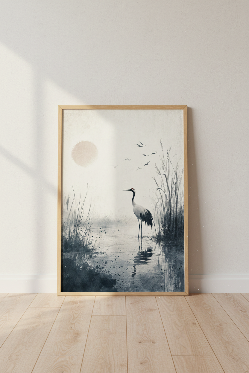 Japanese Crane Art | Zen Minimalist Ink Wash Print, Japandi Living Room Poster