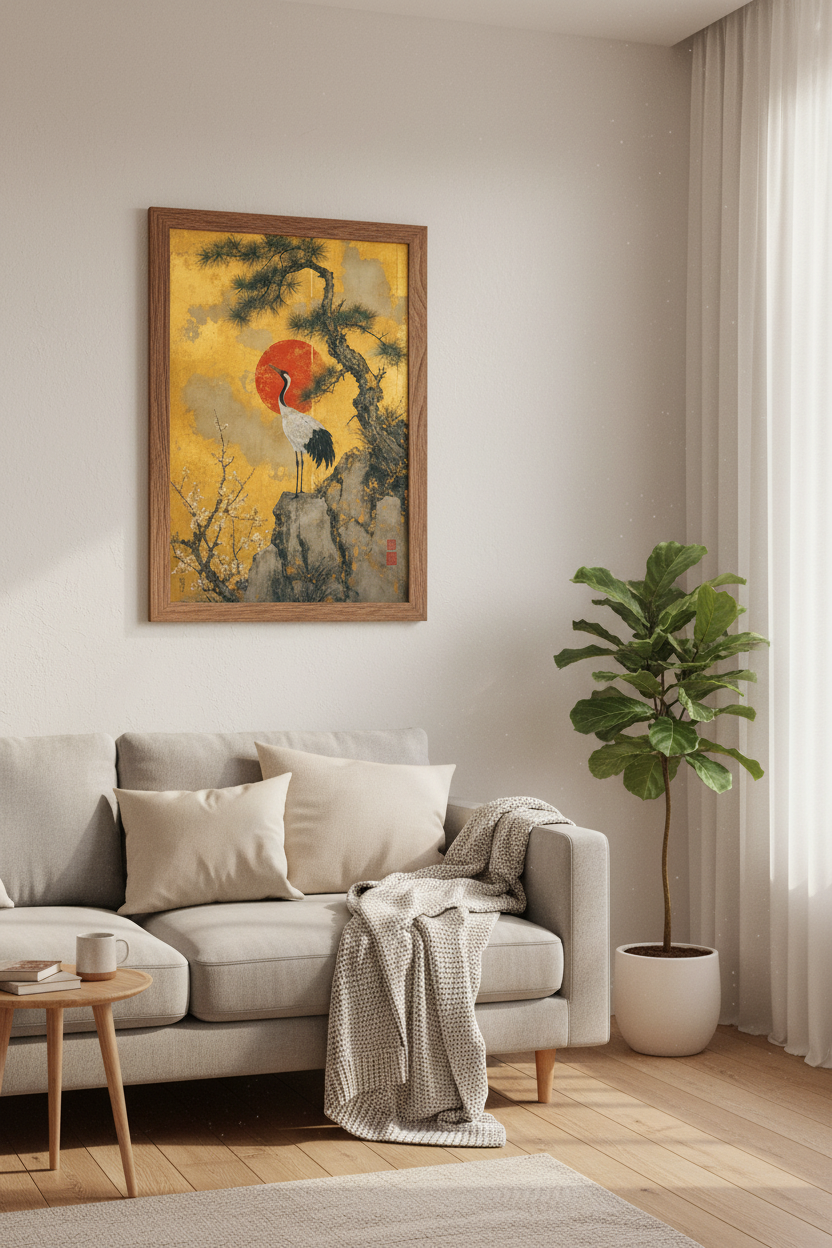 Japanese Crane Wall Art | Gold & Red Sun Nihonga Print | Zen Living Room Decor