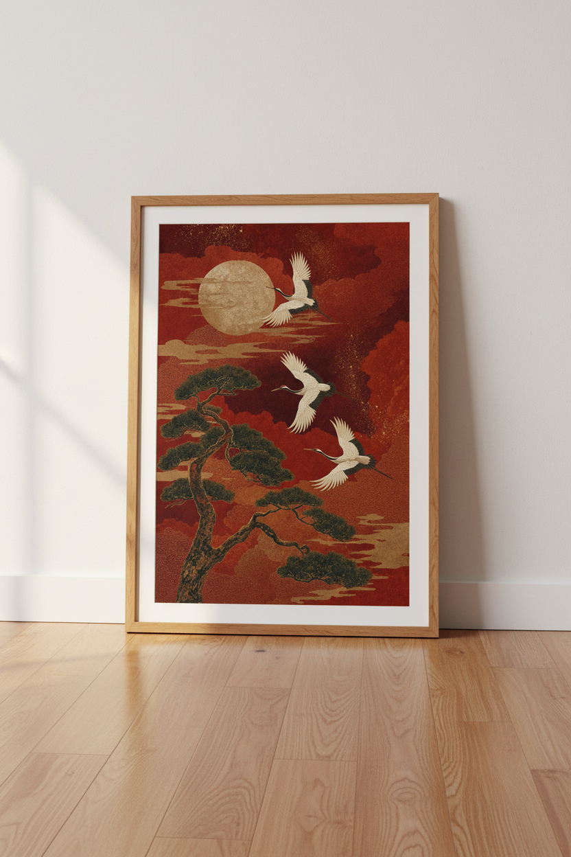 Japanese Crane Wall Art | Red & Gold Moon Poster, Oriental Zen Living Room Decor