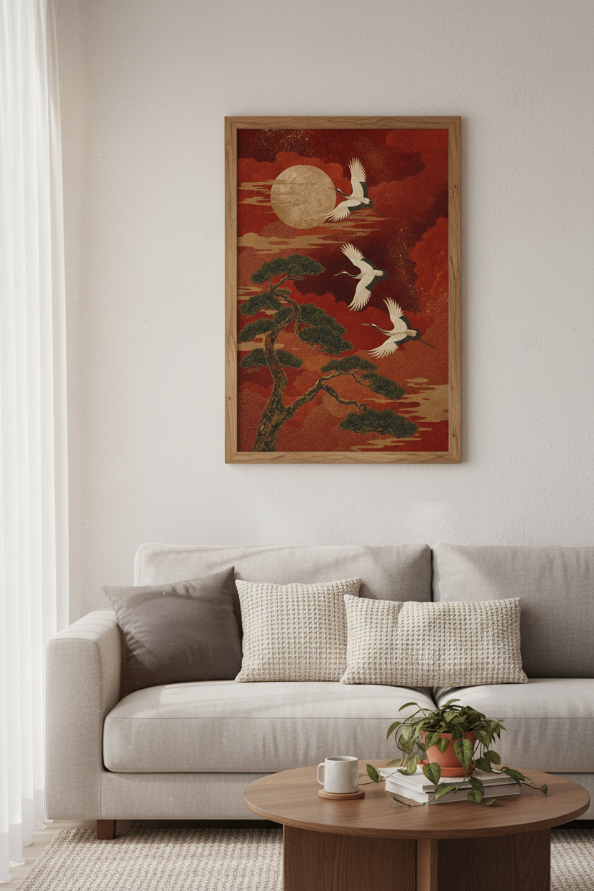 Japanese Crane Wall Art | Red & Gold Moon Poster, Oriental Zen Living Room Decor
