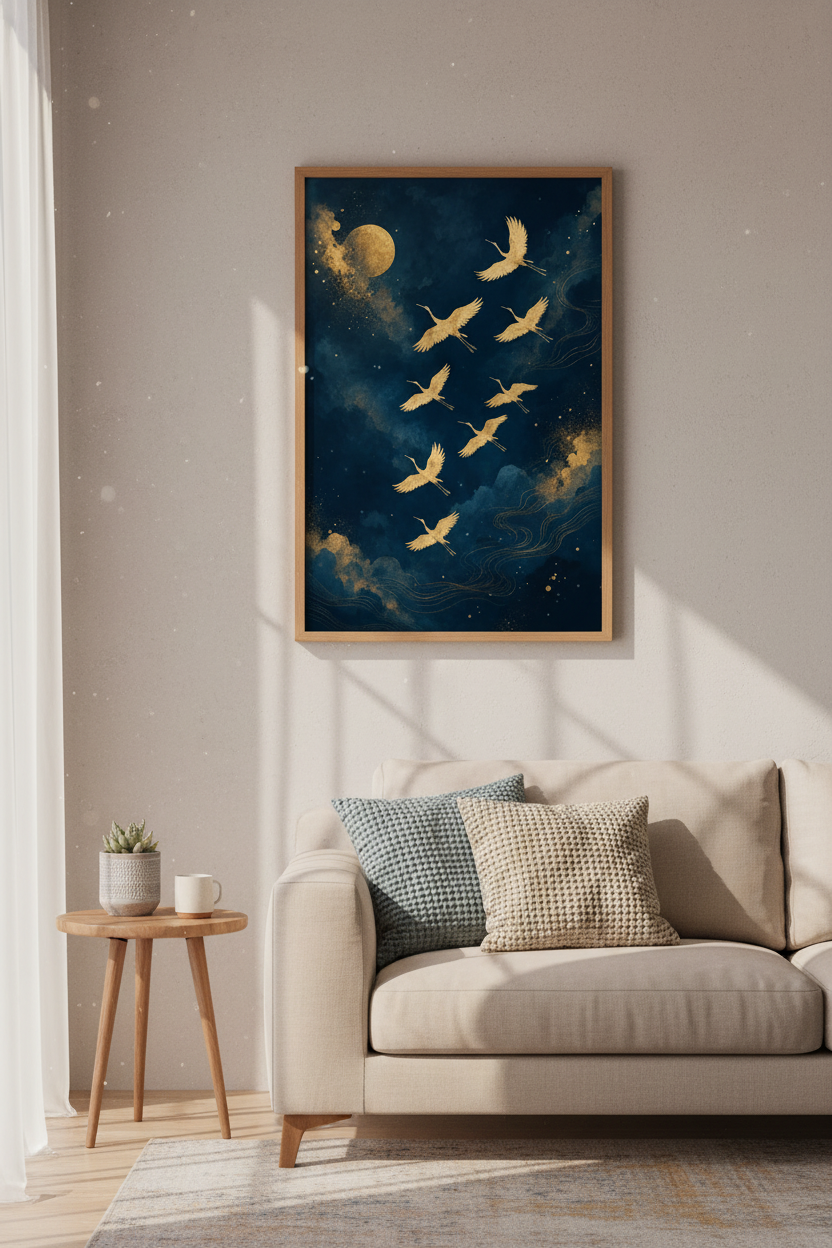 Japanese Gold Cranes Wall Art | Navy Midnight Sky Poster | Japandi Home Decor