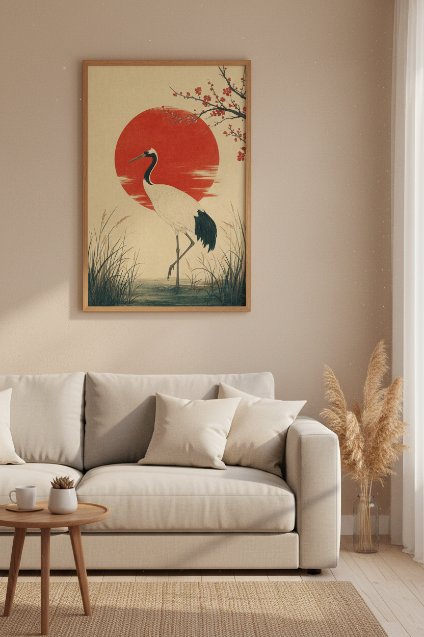 Japanese Crane Wall Art | Red Sun & Cherry Blossom Print, Japandi Living Room Decor