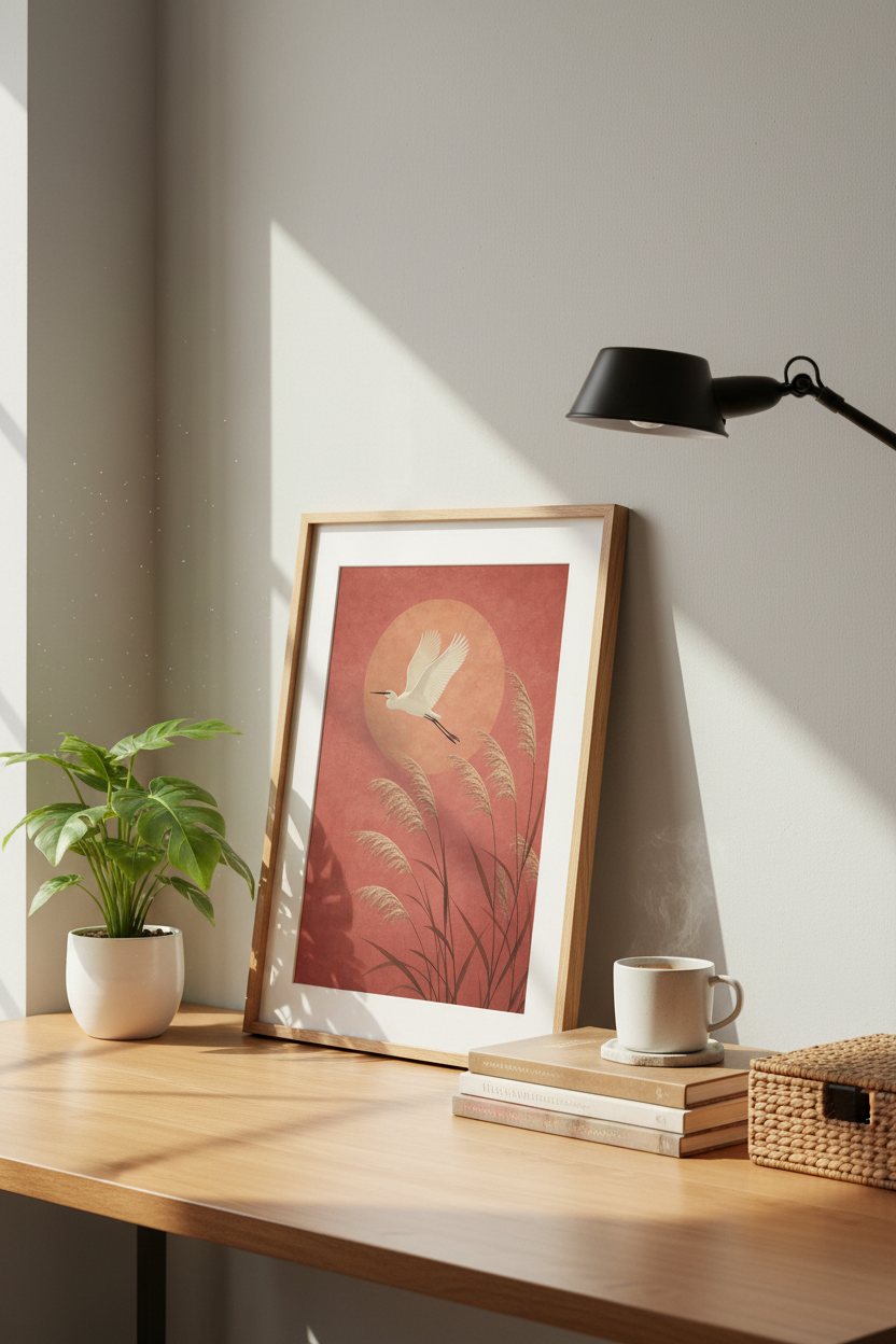 boho wall art print | Terracotta sunset, egret in flight | Living room decor