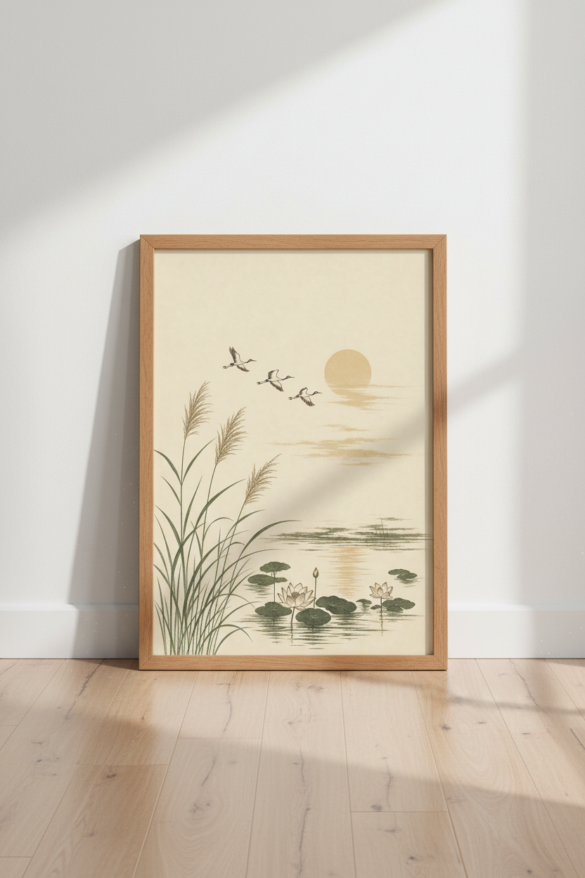 Japanese Crane Lake Wall Art Print | Zen Lotus Decor | Minimalist Poster