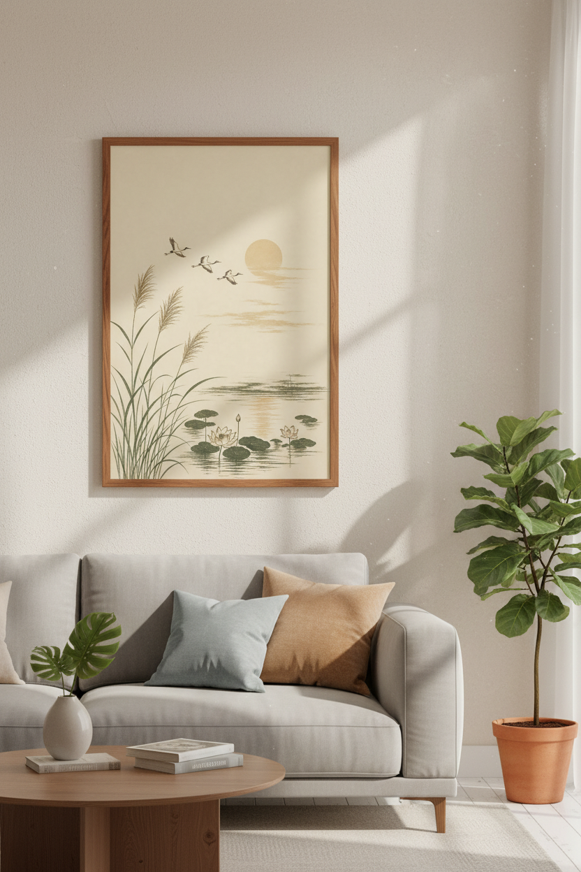 Japanese Crane Lake Wall Art Print | Zen Lotus Decor | Minimalist Poster