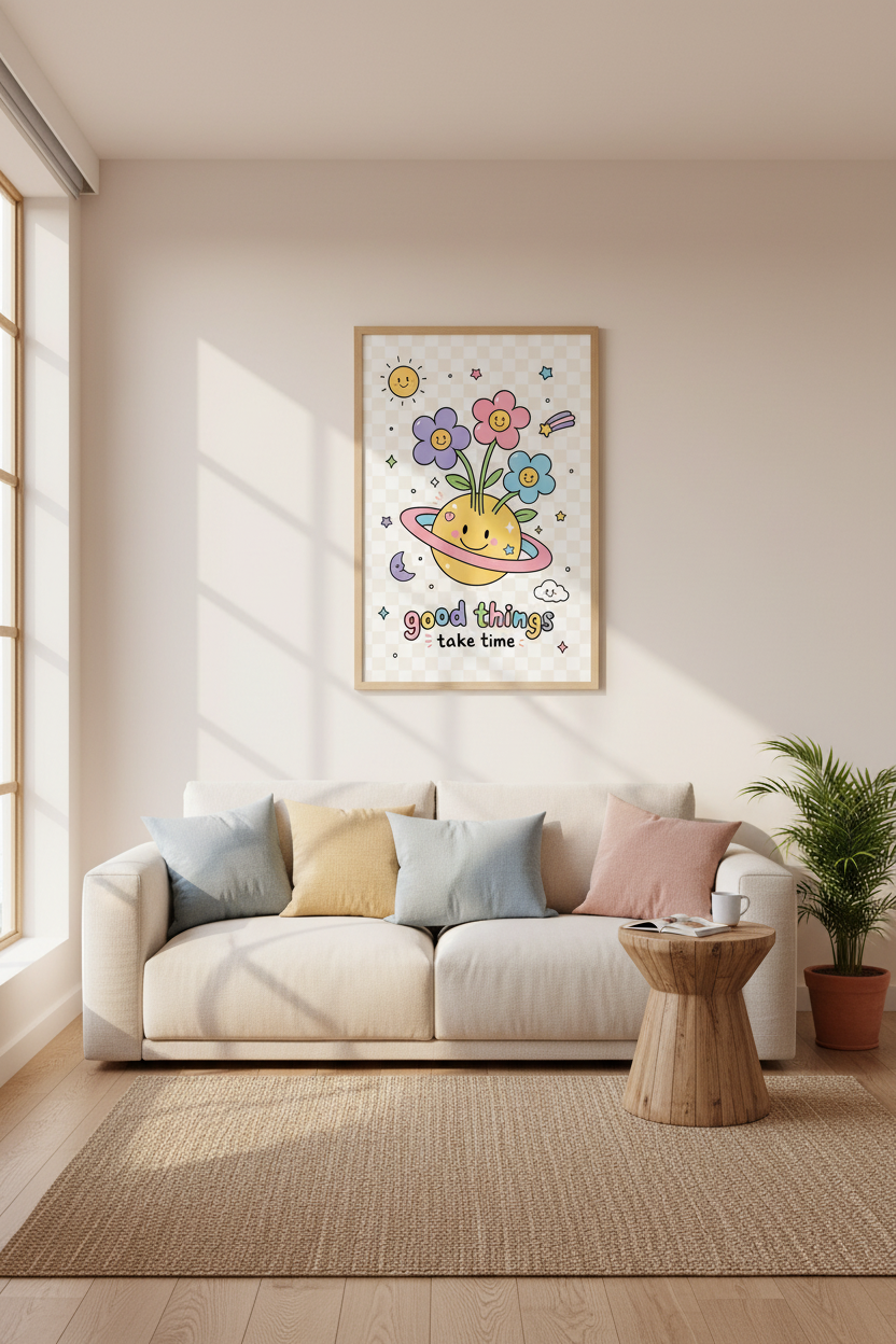 Good Things Take Time Wall Art | Pastel Retro Smiley Poster, Cute Nursery Decor