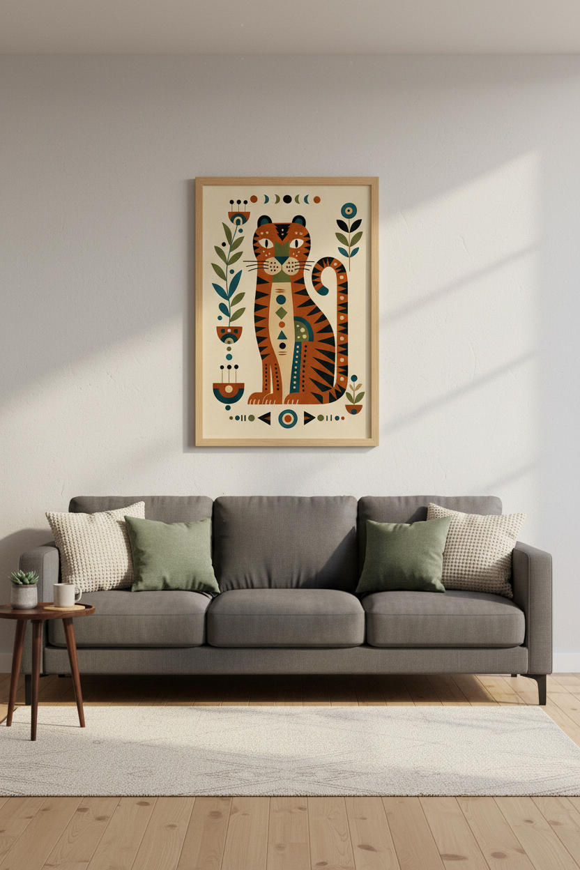 Folk Art Tiger Wall Art | Boho Celestial Animal Decor, Mid Century Poster