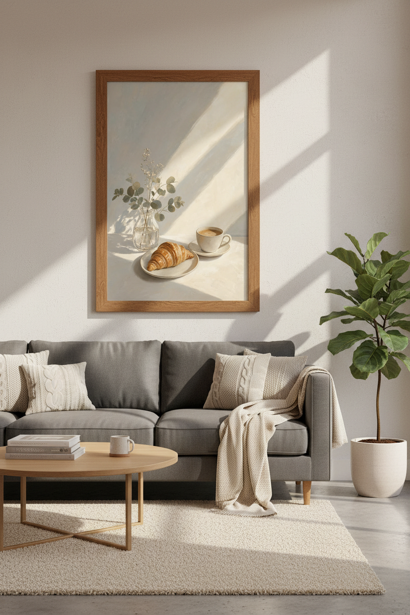 Croissant & Coffee Wall Art | Warm Neutral Kitchen Decor | Calm Morning Poster