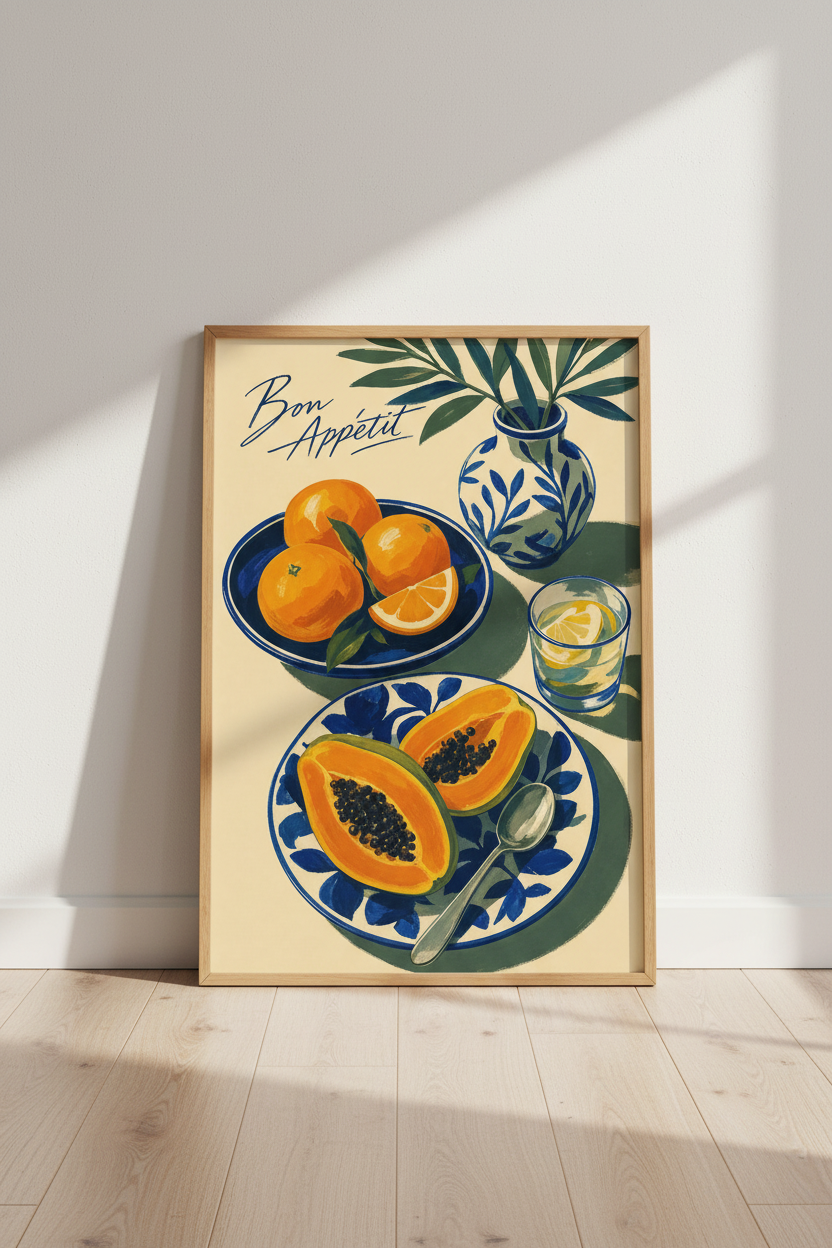 Bon Appetit Fruit Still Life | Blue & Orange Mediterranean Kitchen Decor Poster