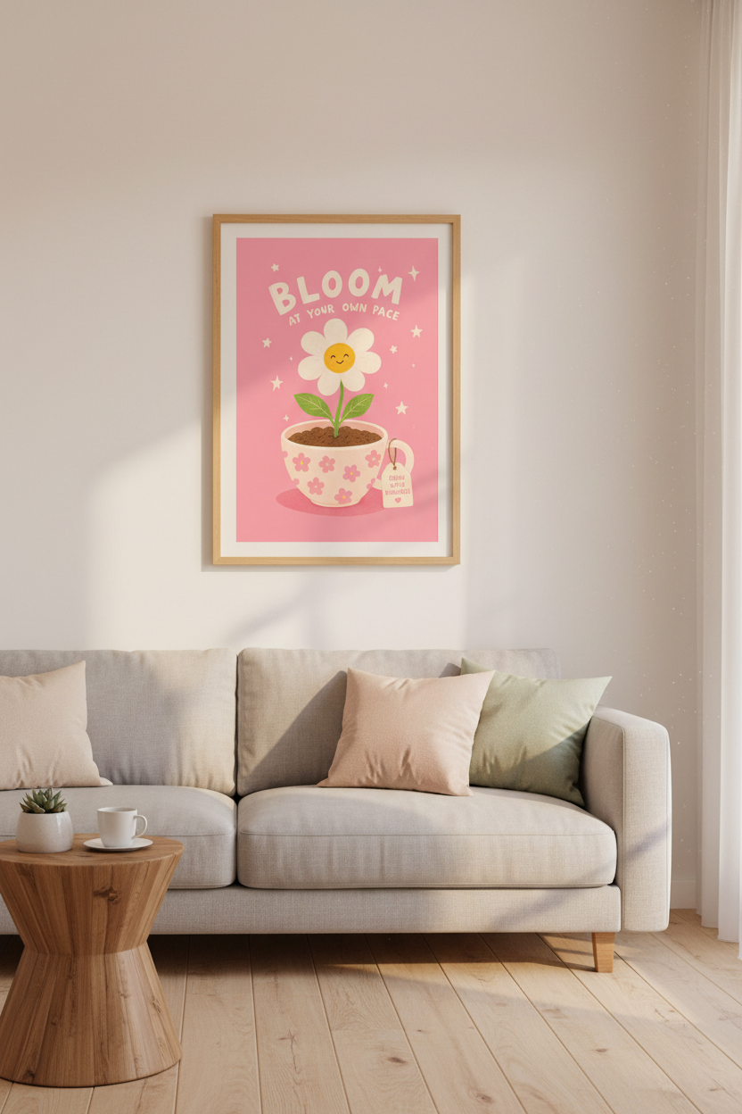 Retro Floral Art Print | Pink Daisy Positive Quote | Cute Nursery Dorm Decor