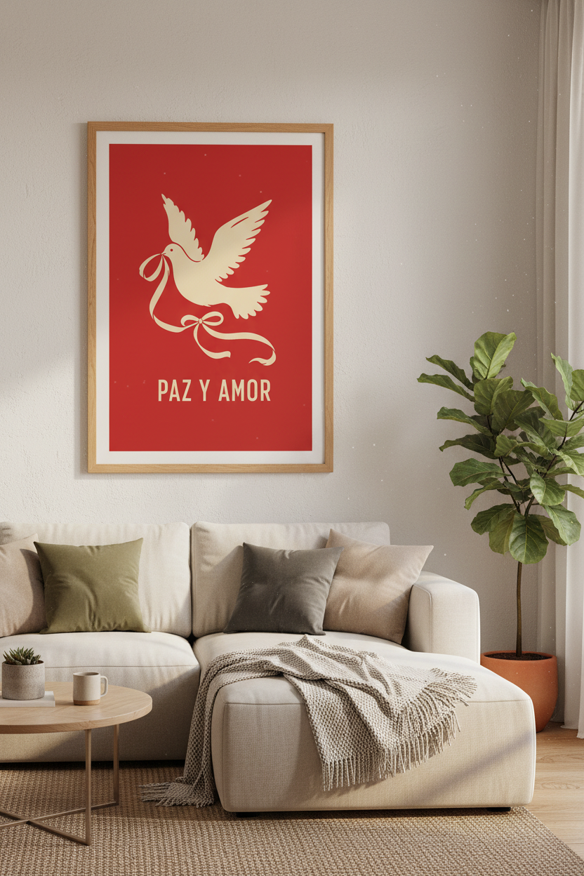 Paz y Amor Dove Wall Art | Red Minimalist Poster, Spanish Modern Room Decor