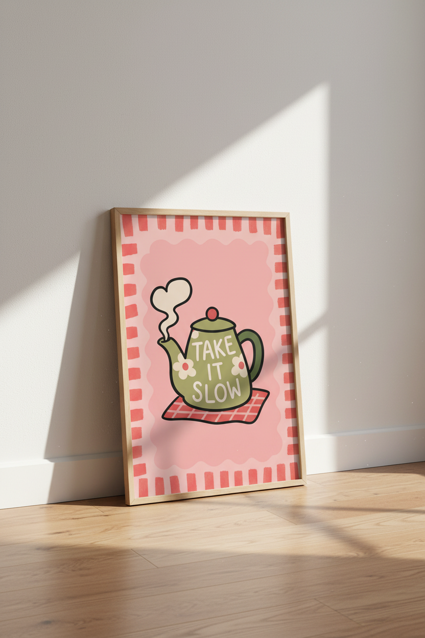 Take It Slow Teapot Wall Art Print | Kitchen Decor | Danish Pastel Aesthetic Poster