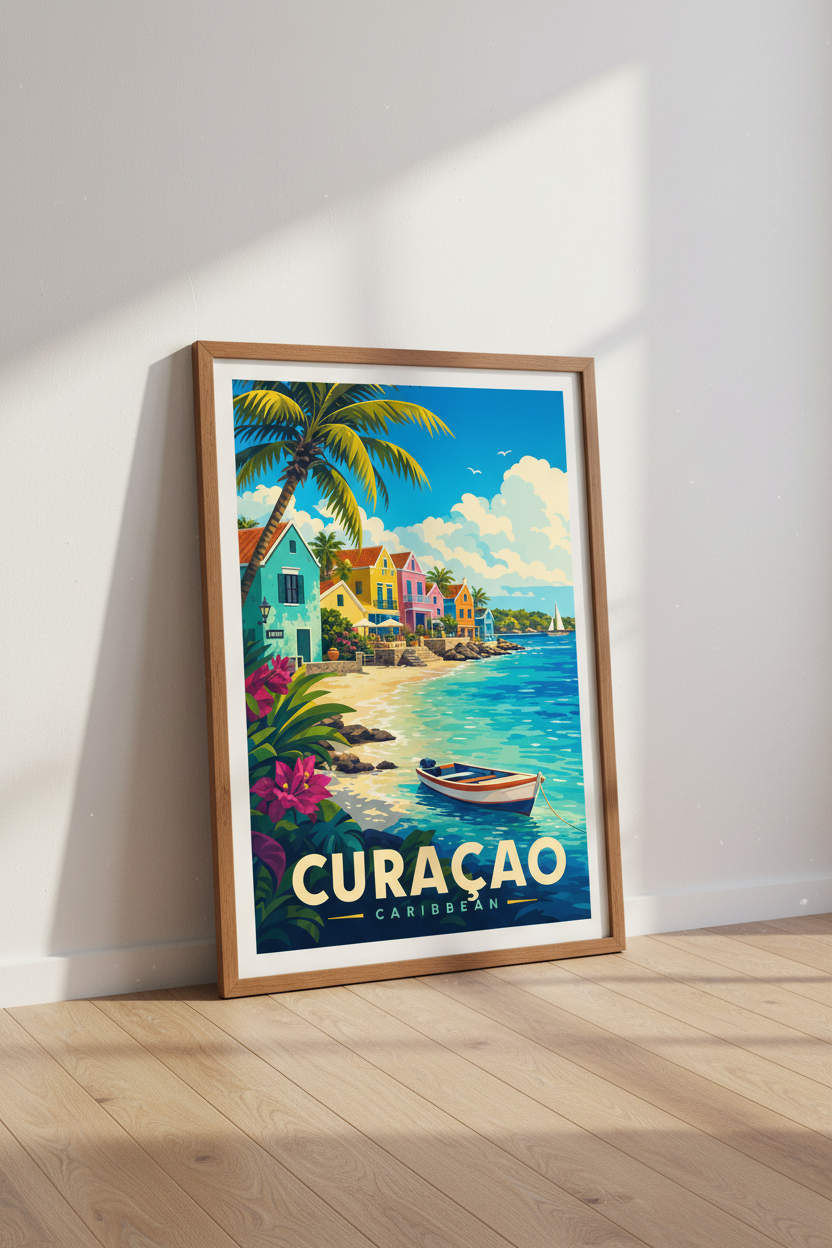 Curacao Travel Poster | Colorful Caribbean Wall Art, Retro Tropical Decor