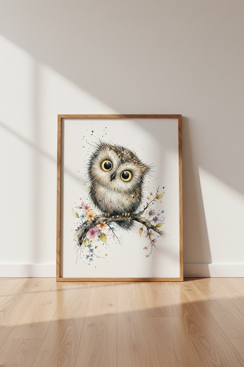 Cute Owl Watercolor Wall Art | Woodland Nursery Decor | Whimsical Bird Poster